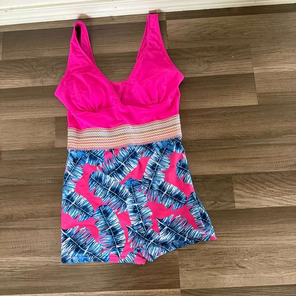 SHEIN Pink and Blue Leaf Print One Piece Swimsuit